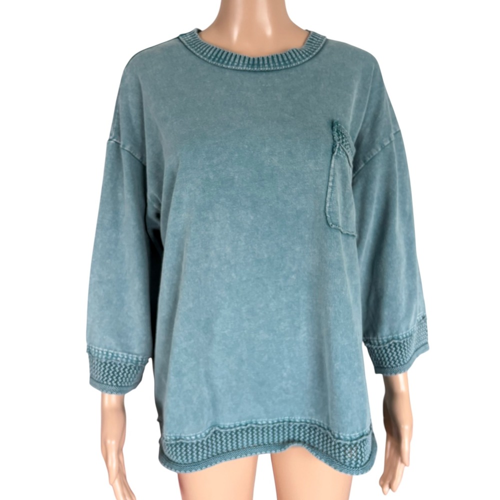 Easel Womens Mineral Wash Cotton Crochet Oversized Trim T-Shirt S Teal Lagenlook